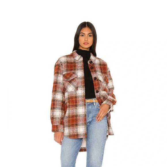 Heartloom REVOLVE Checkered Plaid Teddy Jacket in Brown, Rust and Cream - Picture 3 of 15